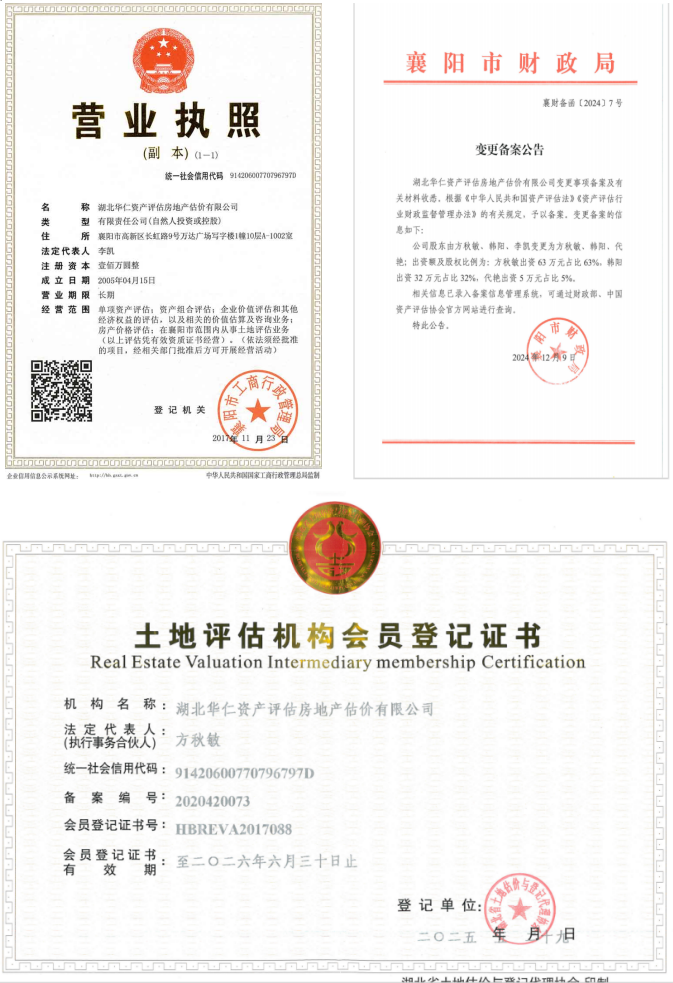華仁資產(chǎn)評(píng)估房地產(chǎn)估價(jià)有限公司營業(yè)執(zhí)照、資產(chǎn)評(píng)估備案公告、土地評(píng)估機(jī)構(gòu)登記證書